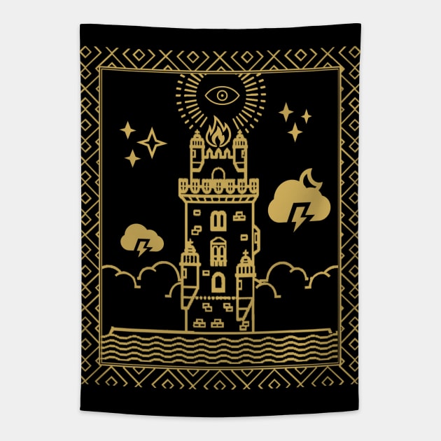 Tarot Card - The Tower - Gold Tapestry by ballhard