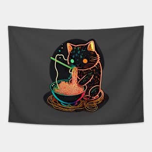 Neon Cat Eating Ramen Tapestry