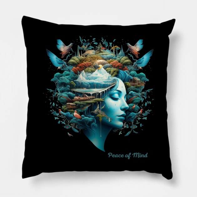 Peace of Mind A Woman head WIth Birds And Trees Over It Harmony With Nature Positive Psychology Pillow by Positive Designer