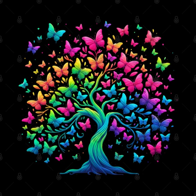 Neon Rainbow Butterfly Tree Watercolor Design by Lavender Celeste