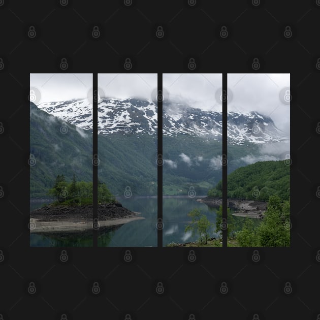 Wonderful landscapes in Norway. Vestland. Beautiful scenery of an island in the Roldalsvatnet lake. Snowed mountains and trees on rocks in background. Cloudy day by fabbroni-art