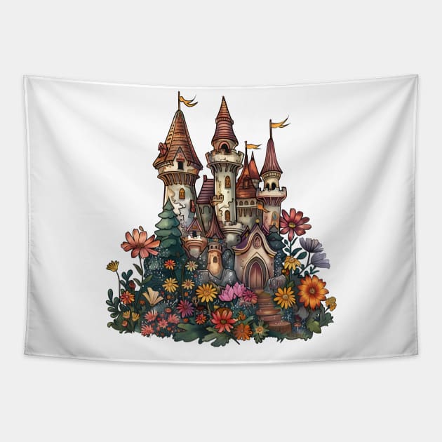 Vintage Magical Floral Castle Princess Queen Castle Tapestry by RetroZin