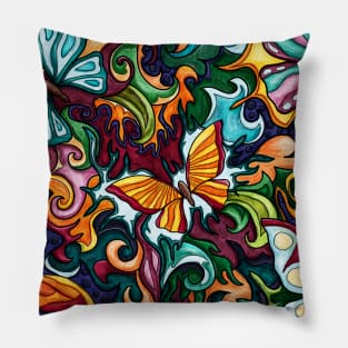 Colorful butterflies in abstract flowers and plants decor Pillow