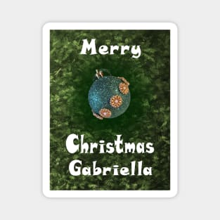 Merry Christmas Gabriella - Green Glitter Ball Ornament with Beaded Flowers :) Magnet