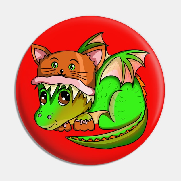 Cute Green Baby Dragon Wearing a Cat Hat Pin by cuisinecat