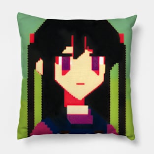 A pixel art picture of a girl with black hair with -_- Face Pillow