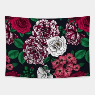 Red, white and bi-color roses with green leaves on black Tapestry