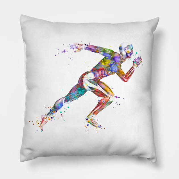 Runner Muscles Colorful Sprinter Watercolor Pillow by LotusGifts