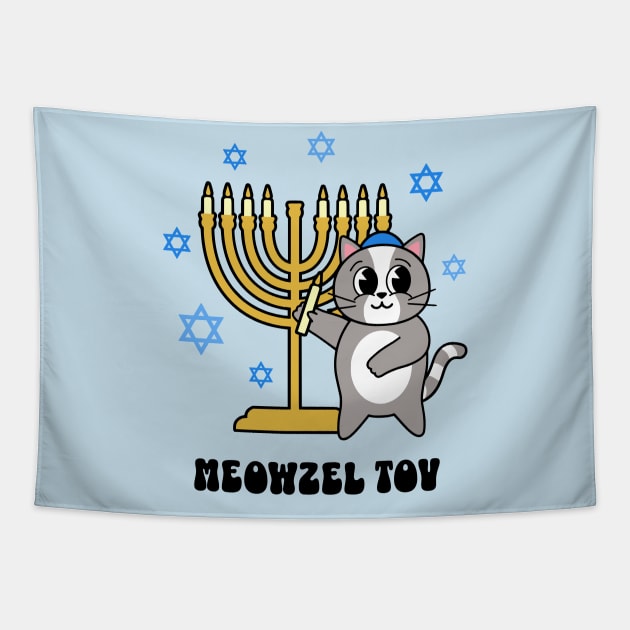 Meowzel Tov Funny Hanukkah Cat with Menorah Tapestry by PUFFYP