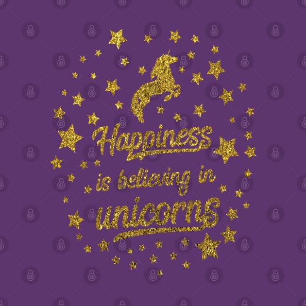 Happiness is believing in unicorns gold glitter Christmas Unicorn Design by sarahwainwright