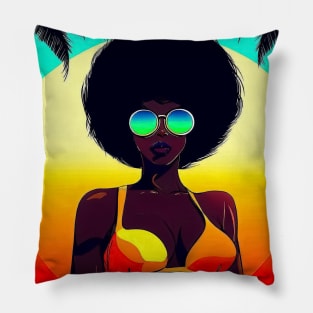 Afro woman on palm beach Pillow