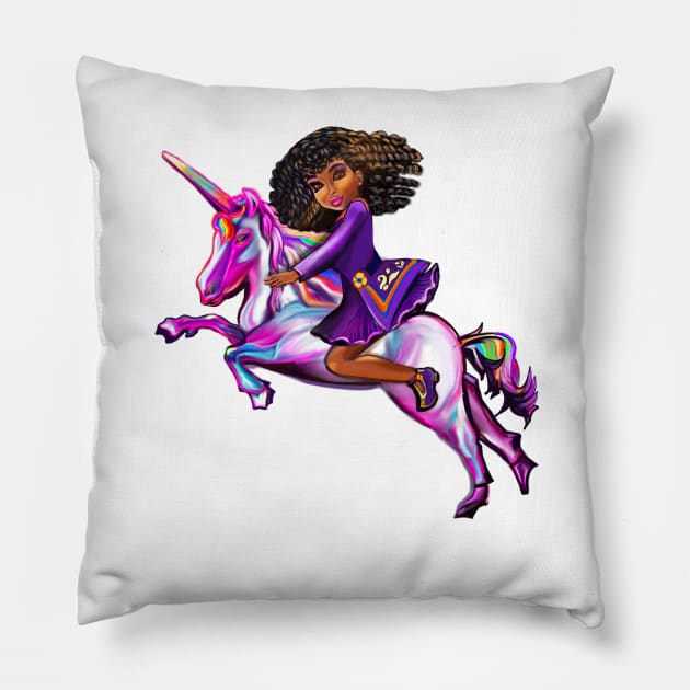 Curly hair Princess on a unicorn pony, lit up- black girl with curly afro hair on a horse Pillow by Artonmytee