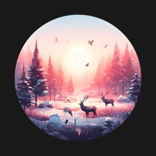 Low Poly Winter Forest in Pink T-Shirt