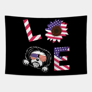 Cool US Flag Sunflowers Glasses Dog Face LOVE Shih Tzu Dog Americans Independence USA July 4th Day Tapestry