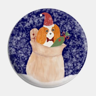 Snowy Santa Cavalier King Charles Spaniel bringing Christmas presents Pin