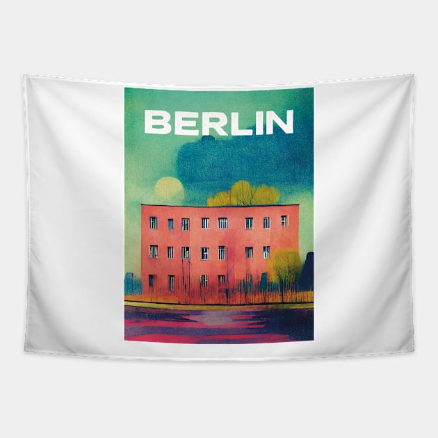 Lonely House in Berlin Travel Poster Retro Wall Art Illustration Tapestry by BetterManufaktur