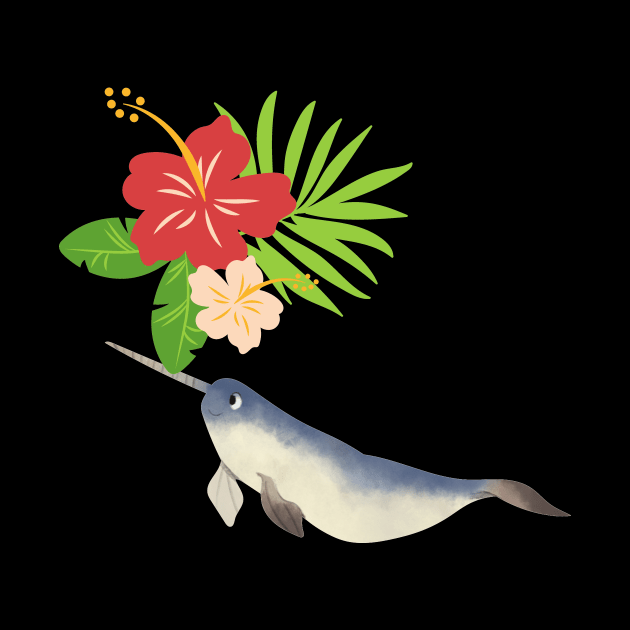 Narwhal Hawaiian Hibiscus Cherry Flowers by Toffee Waffle Art