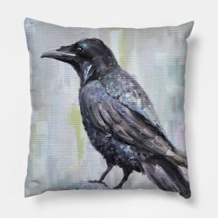 The Raven - Digital Oil Painting with Gray and Pastel Background Pillow