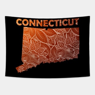 Colorful mandala art map of Connecticut with text in brown and orange Tapestry