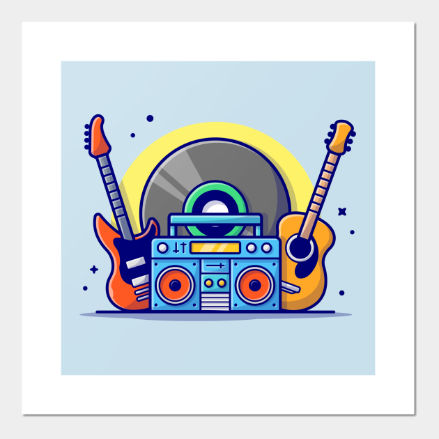 Music Instrument Concert Perform with Guitar, Boombox and Big Vinyl Music Cartoon Vector Icon Illustration - Electric Guitar - Posters and Art Prints | TeePublic Music Instrument Concert Perform with Guitar, Boombox and Big Vinyl Music Cartoon Vector Icon Illustration - Electric Guitar - Posters and Art Prints | TeePublic