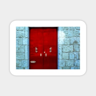 Red wooden door with golden vintage knockers Magnet