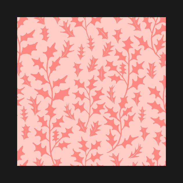 Light scarlet holly leaves on light pink seamless repeat pattern by colorofmagic