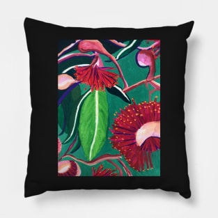 Native Australian Gum Flowers and Leaves Design in Red and Green by Leah Gay Pillow