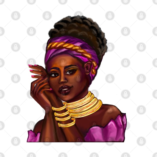 Afro Queen Black is beautiful anime manga black girl with Gold bangles, neck ring necklace, purple dress and head wrap, brown eyes and dark brown skin ! by Artonmytee