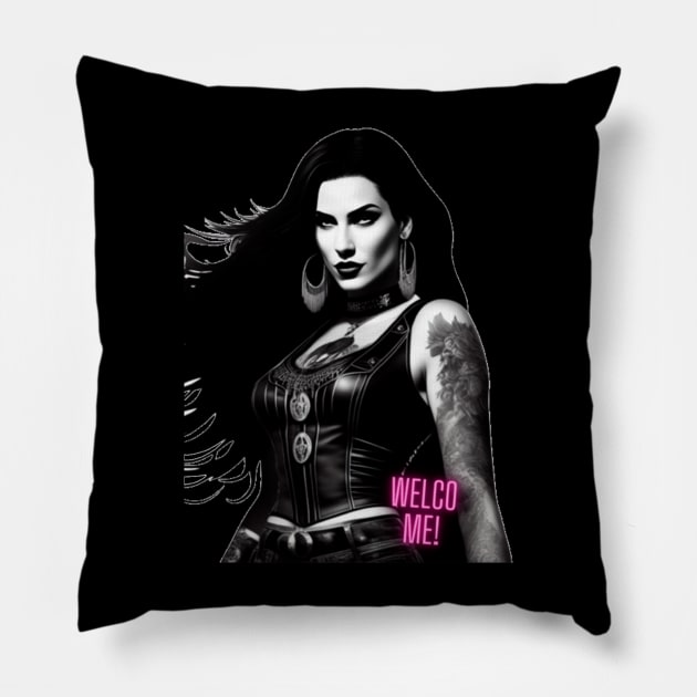 Riding into the Unknown: Female Biker Portrait Pillow by Basunat