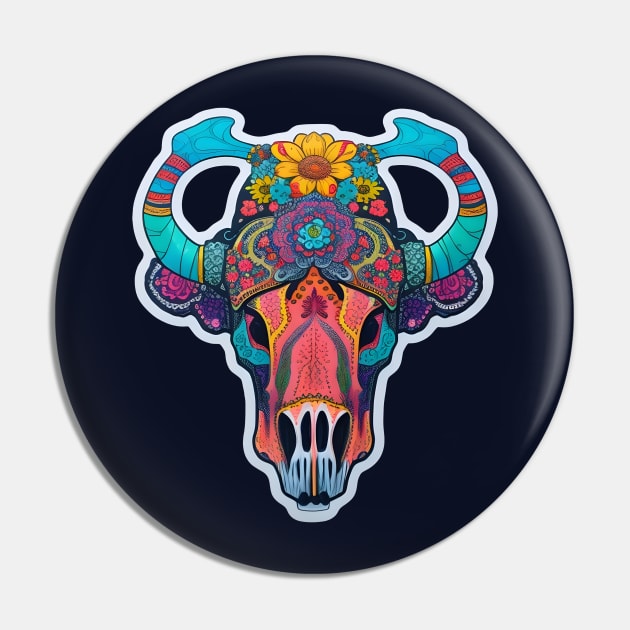 Colourful Cow skull Pin by Spaceboyishere