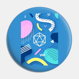 Retro Memphis Blue Polyhedral 20 Sided Dice Tabletop RPG Pin