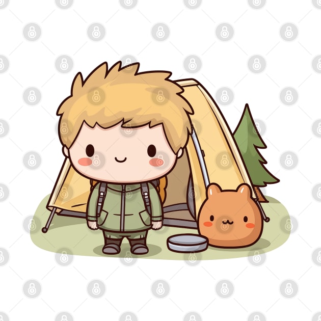 Kawaii camper boy with a tent and his cute friend by Mon Kawaii Lab