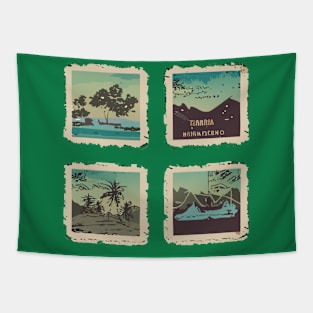 a vintage travel-themed t-shirt design with retro postcard illustrations faded colors and a distressed texture to give it an authentic retro look Tapestry