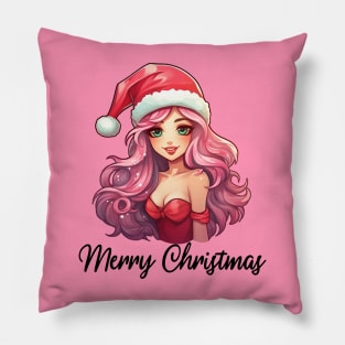 Pink Haired Girl - Merry Christmas (Black Lettering) Pillow