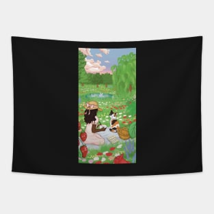 cottagecore illustration girl and cat picnic meadow Tapestry