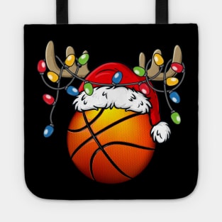 Basketball With Santa Hat Reindeer Antlers Christmas Lights Tote