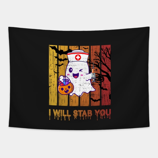 I Will Stab You Ghost Nurse Retro Funny retro  Halloween  nursing For Nurses Tapestry by YOUNESS98