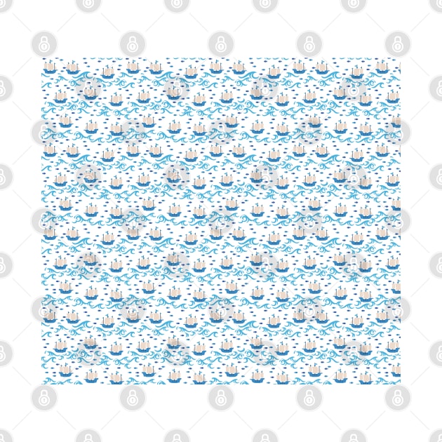 Blue Ship Voyage in the Sea Pattern by FlinArt