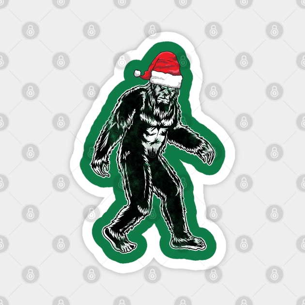 Funny Christmas Santa Hat-Wearing Bigfoot Sasquatch Cryptid Magnet by Contentarama