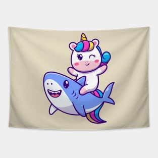 Cute Unicorn Riding Shark Cartoon Tapestry