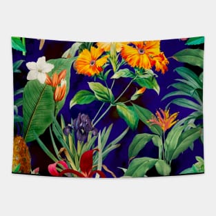 Colorful tropical floral leaves botanical illustration, tropical plants,leaves and flowers, blue leaves pattern Tapestry