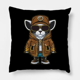 Cute Cool Cat Chronicles: Cartoon Kitty in Shades, Hat, and Jacket Pillow