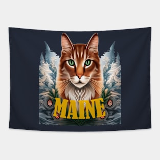 Loving Maine State Cat With White Pine Tapestry