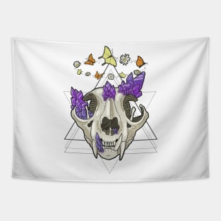 Cat Skull with Crystals, Butterflies, and Geometric Accents Tapestry