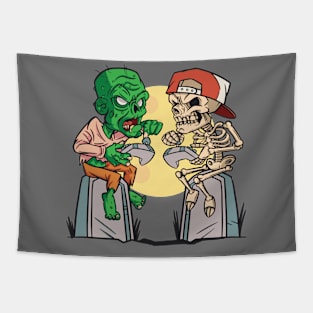 Funny Zombie & Skeleton Gamers on Tombstones Tapestry