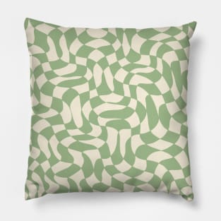 Green and Cream Distorted Warped Checkerboard Pattern IV Pillow