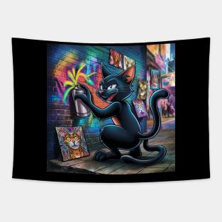 Sleek Black Cat Sprays Graffiti on Wall Tapestry