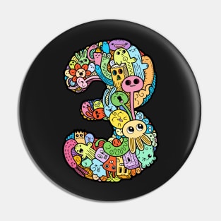 Number 3 three - Funny and Colorful Cute Monster Creatures Pin