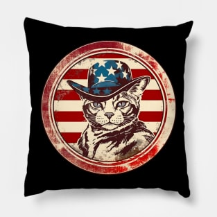 Cat in Hat Retro American USA Flag 4th July Pop Art Cat Lovers Pillow