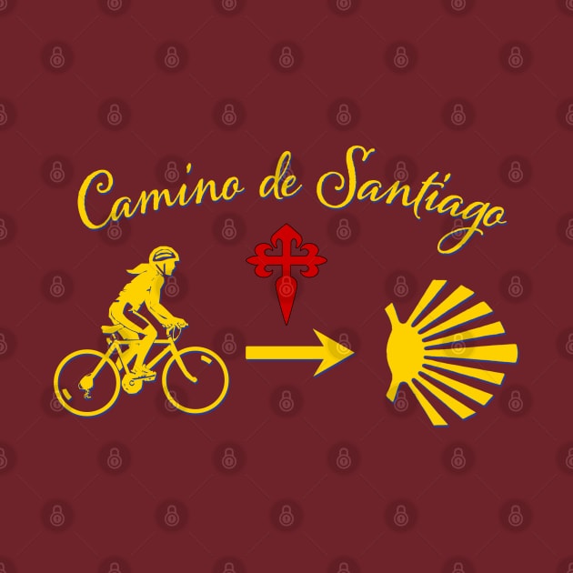 Camino de Santiago Typography Woman Riding a Bicycle Yellow Arrow Scallop Shell Red Cross by Brasilia Catholic